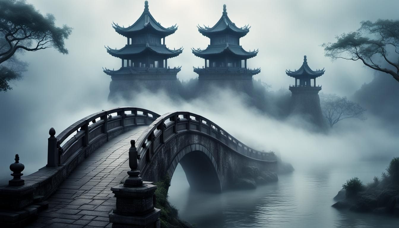 Eerie Asian Bridge and Castle in Atmospheric Mist