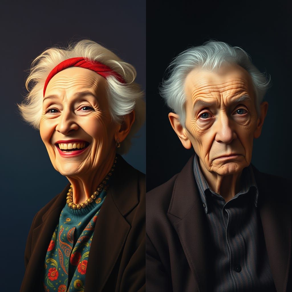 Contrasting Elderly Portraits in Surrealist Style