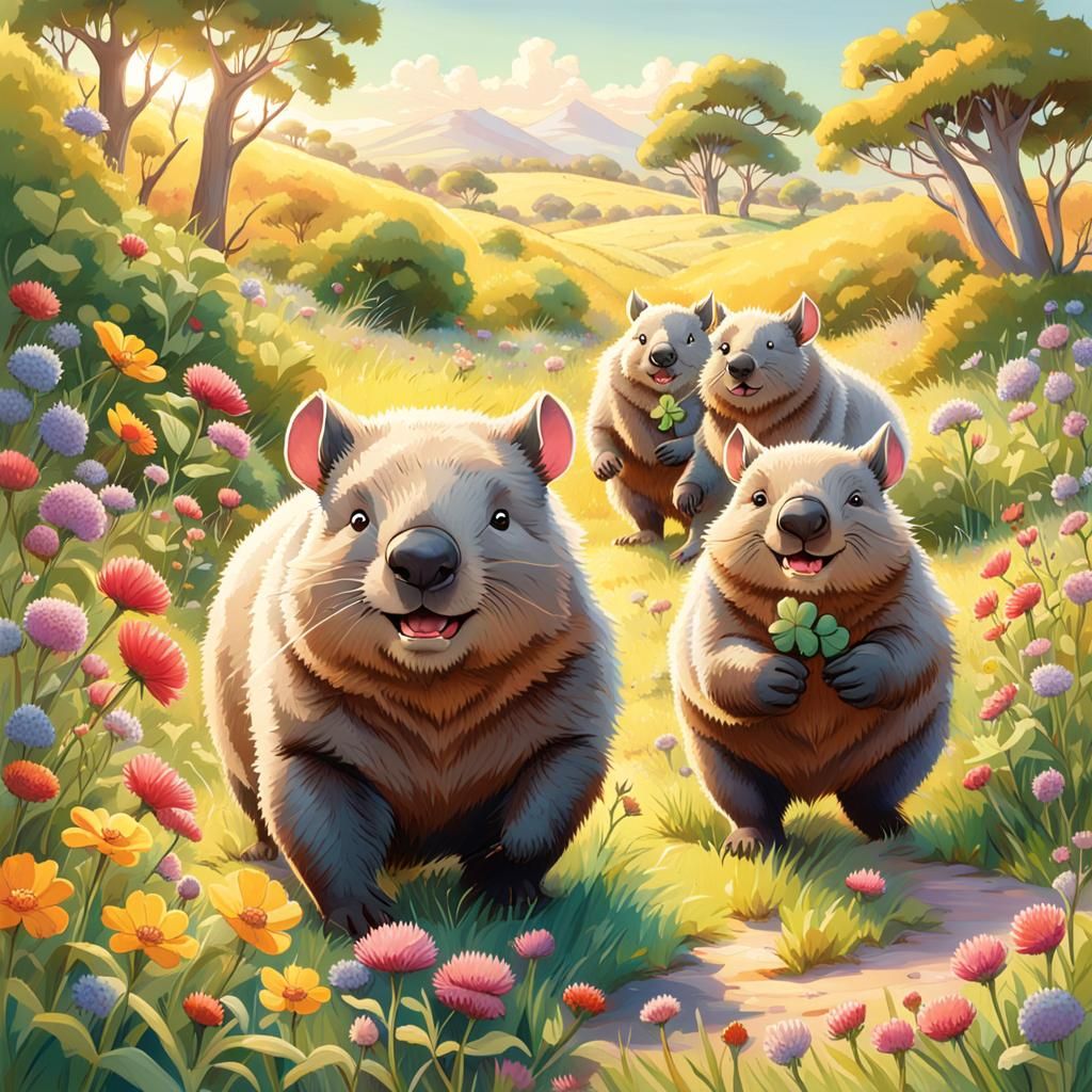 Playful Wombats in a Candy Meadow, Hyperrealistic Digital Ar...