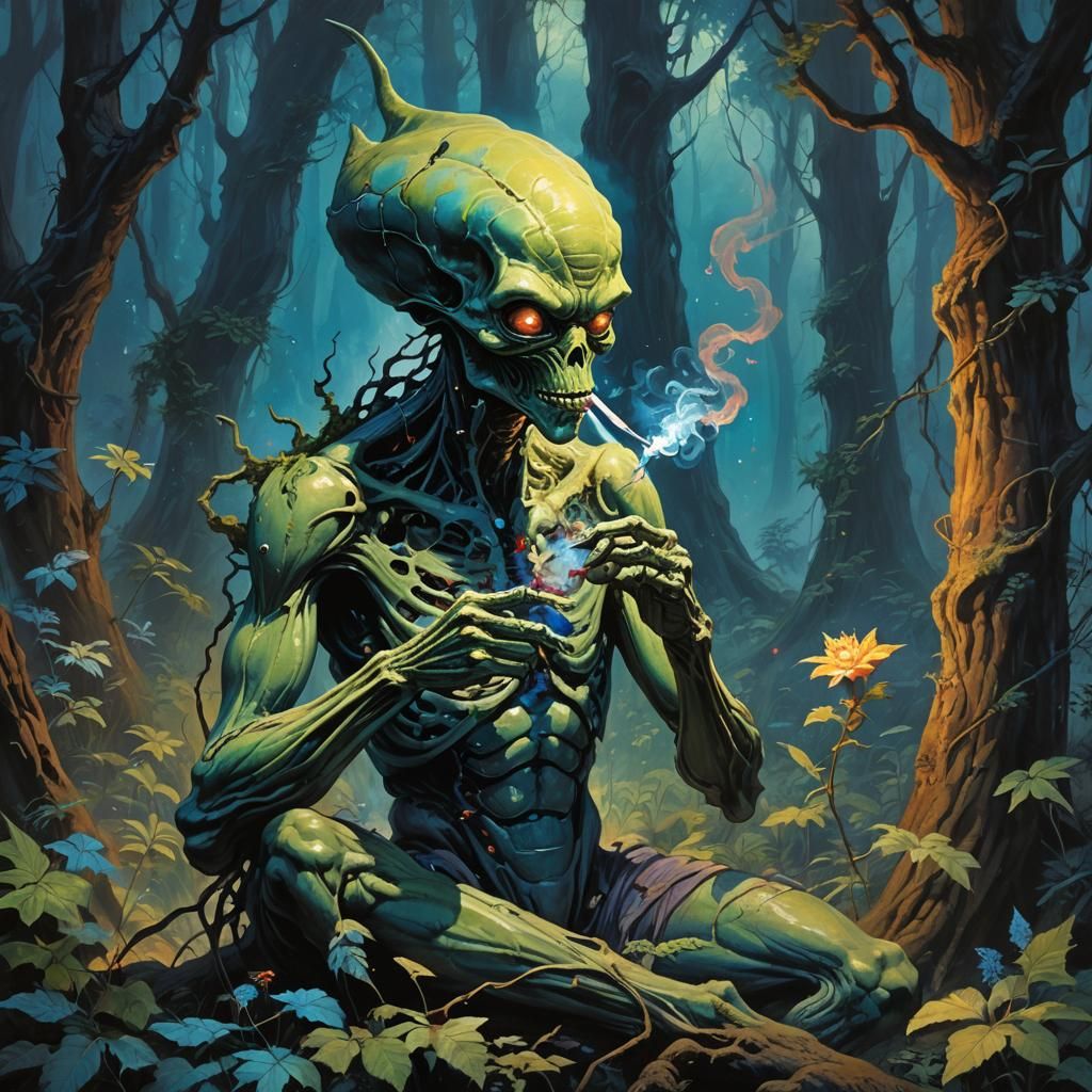Alien Smoking Joint in Mystical Forest Painting