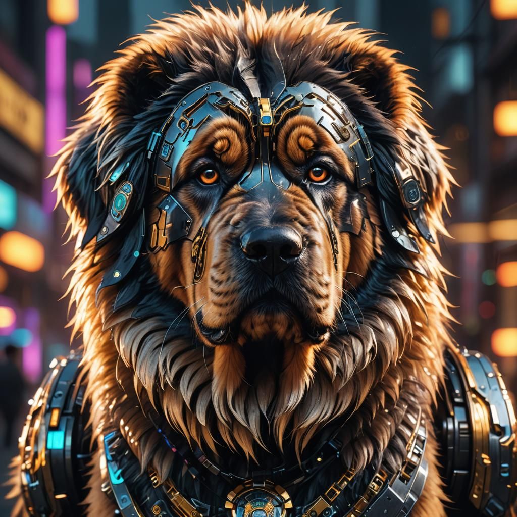 Cyberpunk Tibetan Mastiff Portrait with Metallic Exoskeleton