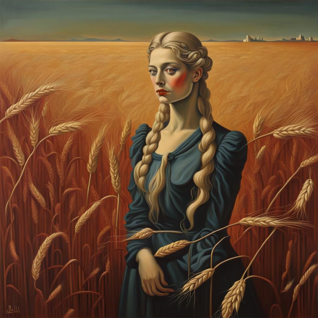 Surreal Woman with Red Eyes in Wheat Field