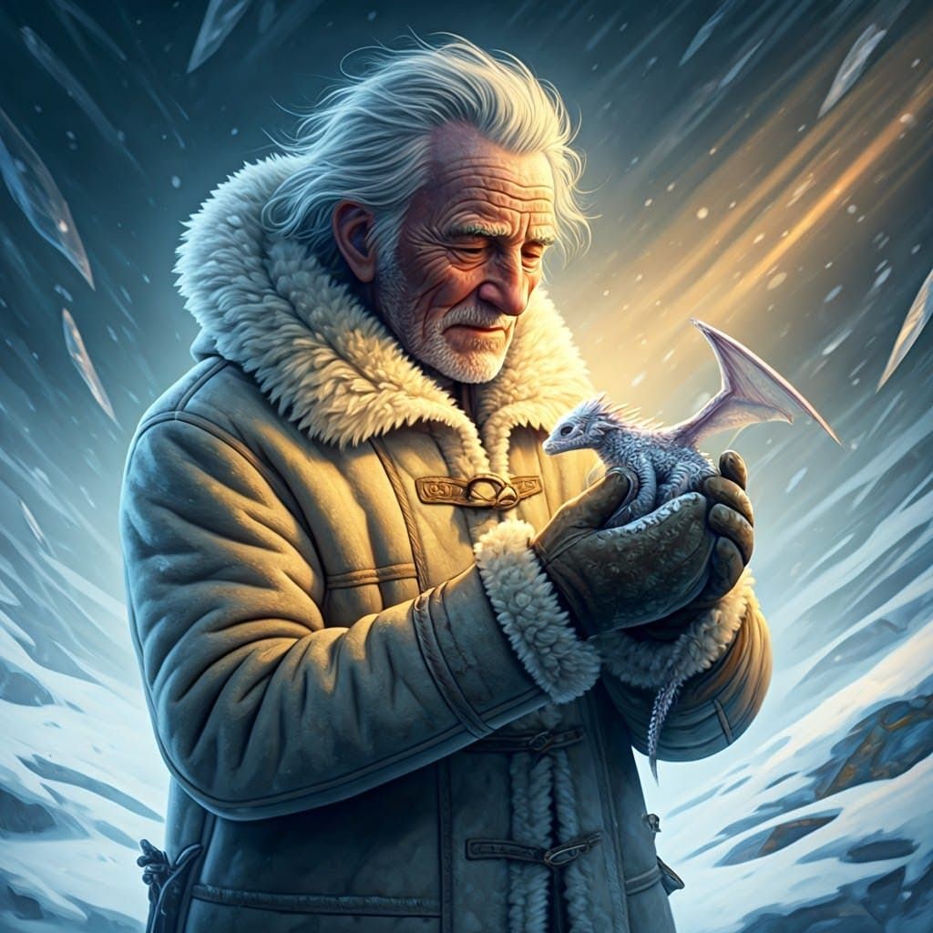 Old Man and Dragon in Winter Blizzard