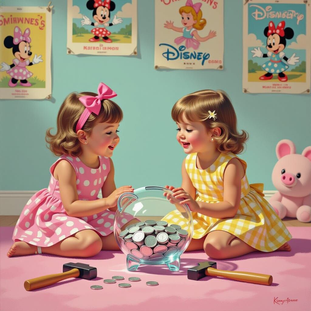 Girls Gazing at Piggy Bank in a Whimsical Room