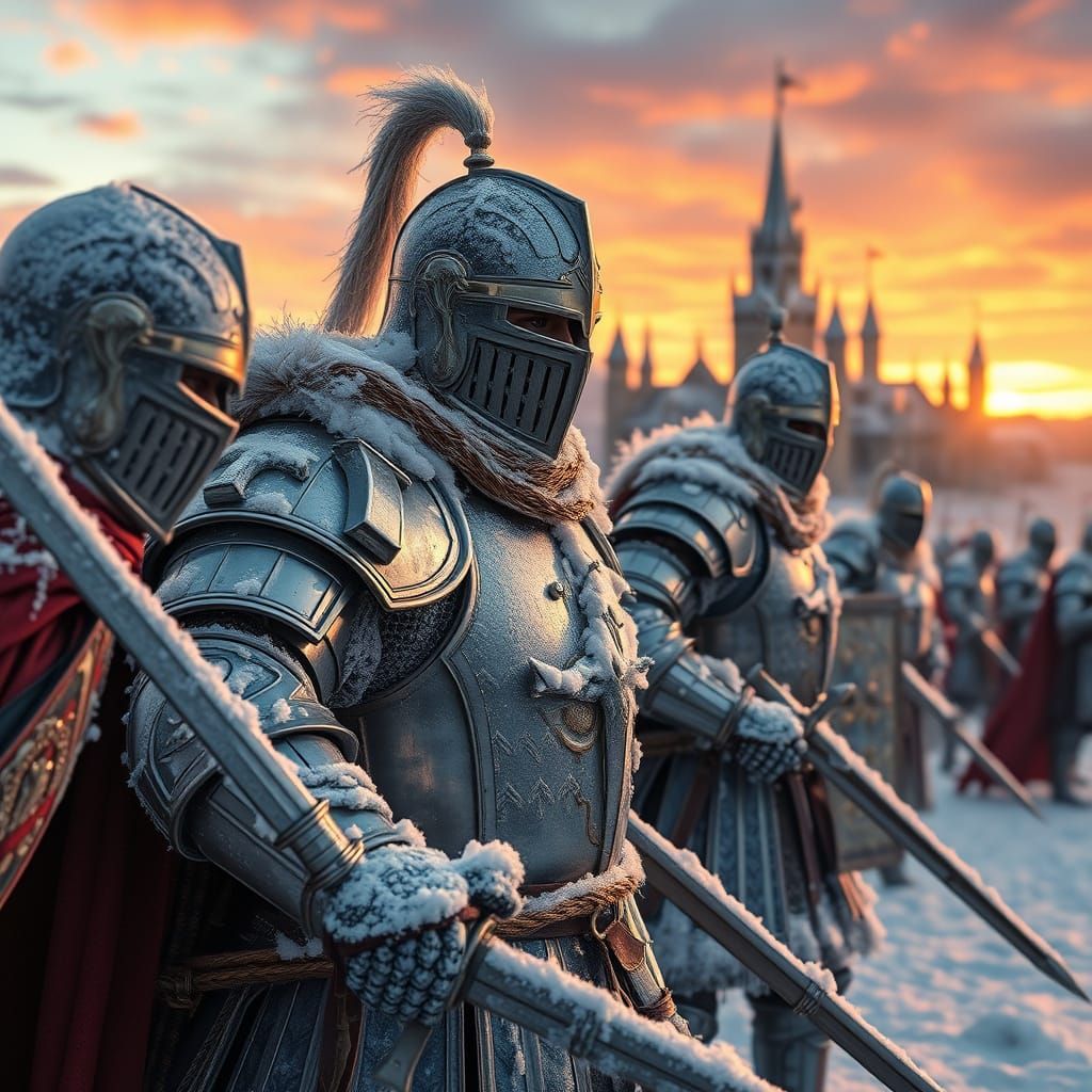 Knights in frozen armor, ready to defend their king in a sno...