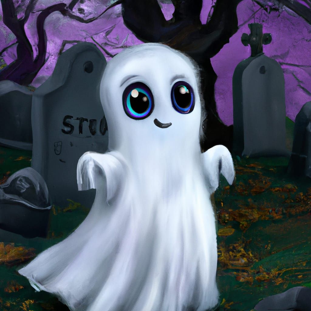 Adorable Chibi Ghost in Halloween Graveyard