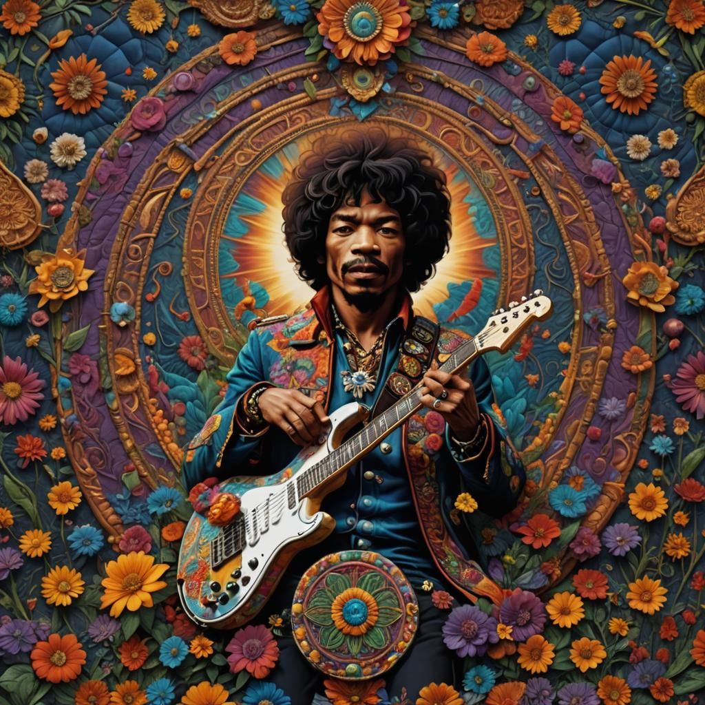 Jimi Hendrix in Detailed Hippie Style Painting