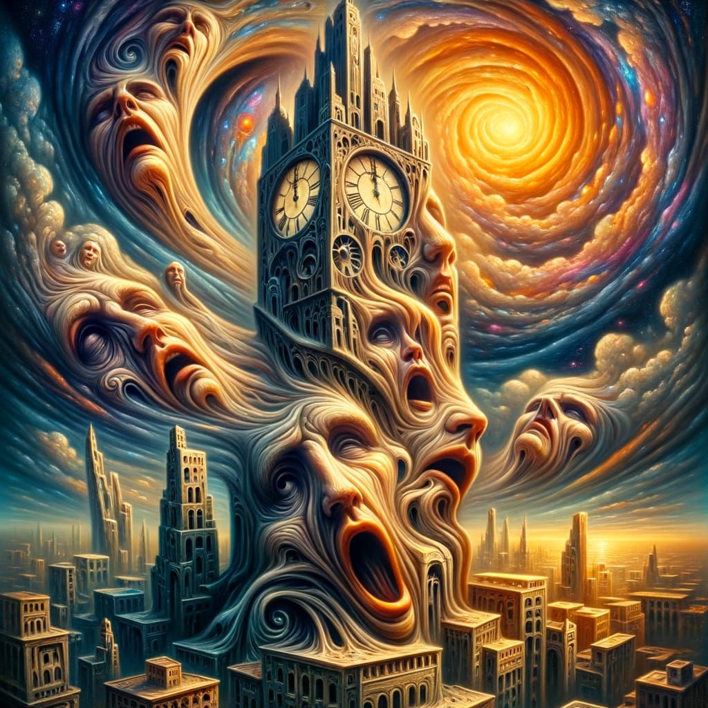 Surreal Melting Clock Tower in Dreamlike Oil Painting