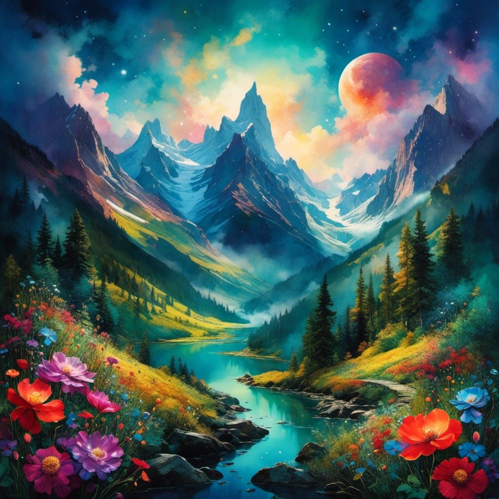 Magical Misty Valley in Vibrant Watercolor and Ink