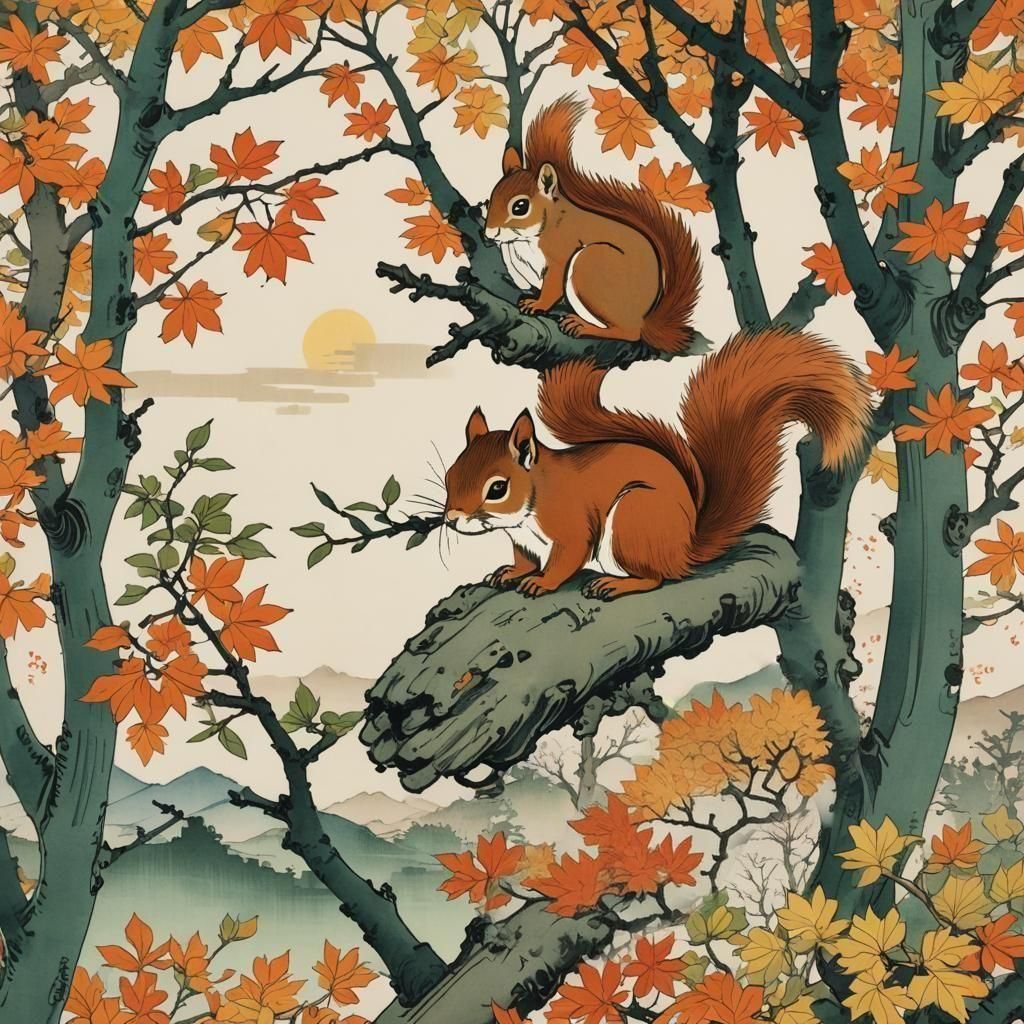 Squirrels in Autumn Tree: Ukiyo-e Landscape