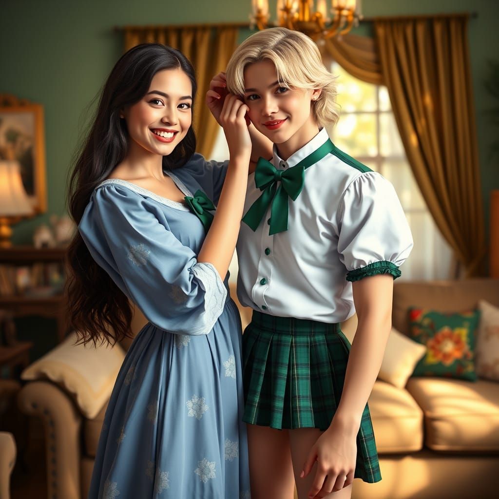 Elegant Crossdressing Couple in Cozy Living Room