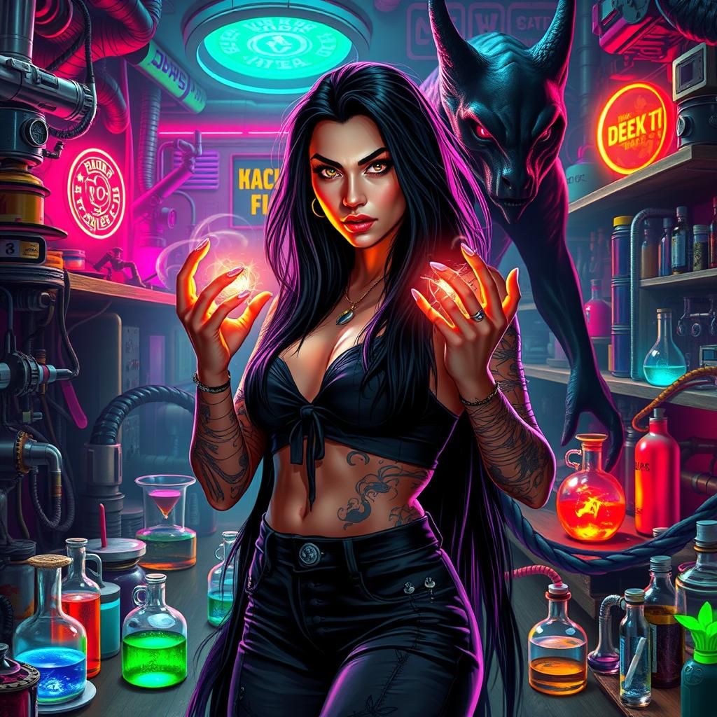 Confident Woman Channels Magic in Chaotic Laboratory