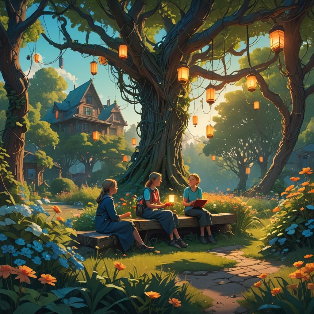 Mother and Daughter in Magical Garden, Art Nouveau