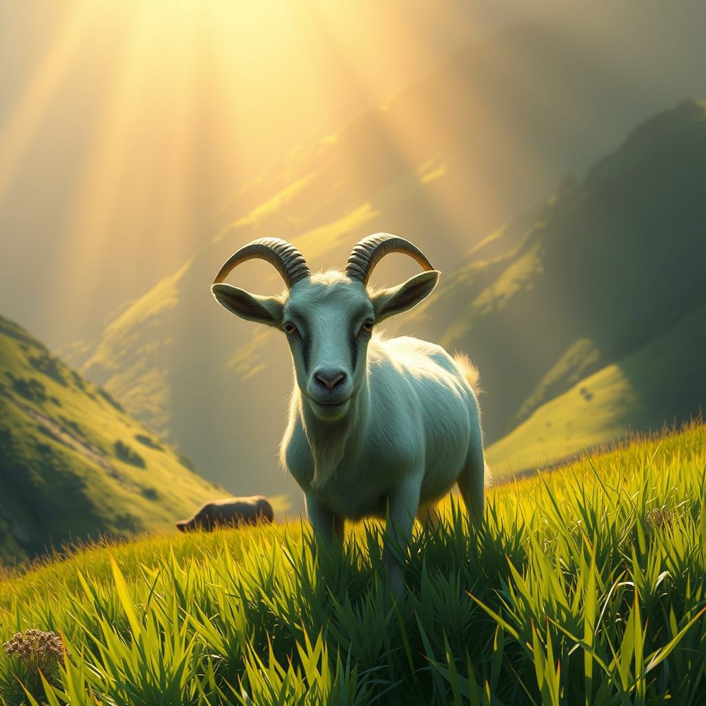 Goat in Grassy Mountainside with God Ray Lighting