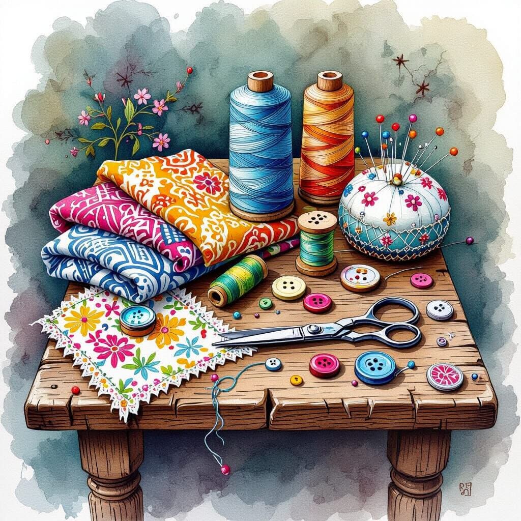 Intricately detailed alcohol ink illustration, Zentangle, a side view of a wooden table with pieces of fabric, sewing sh...