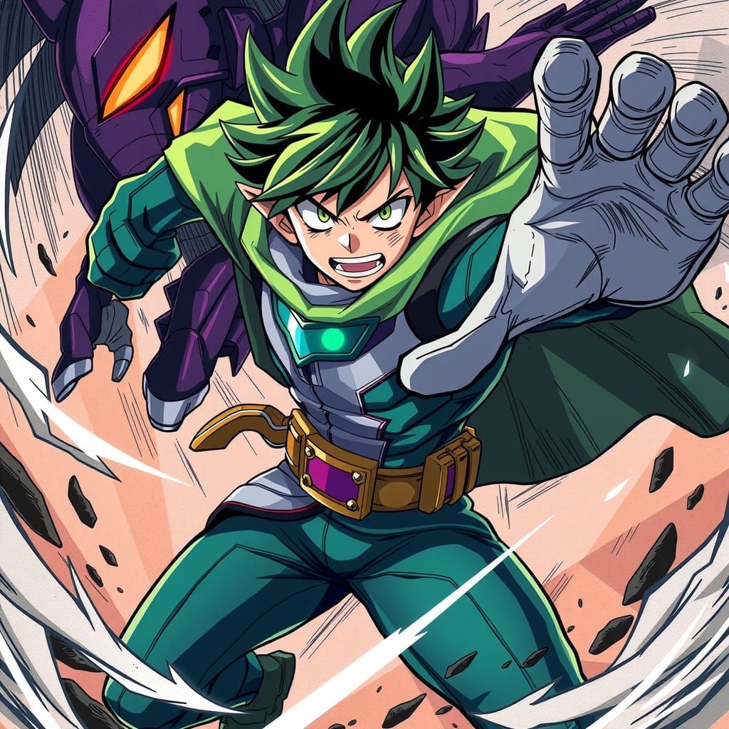 Deku Fights a Villain in Epic Anime Key Visual Style