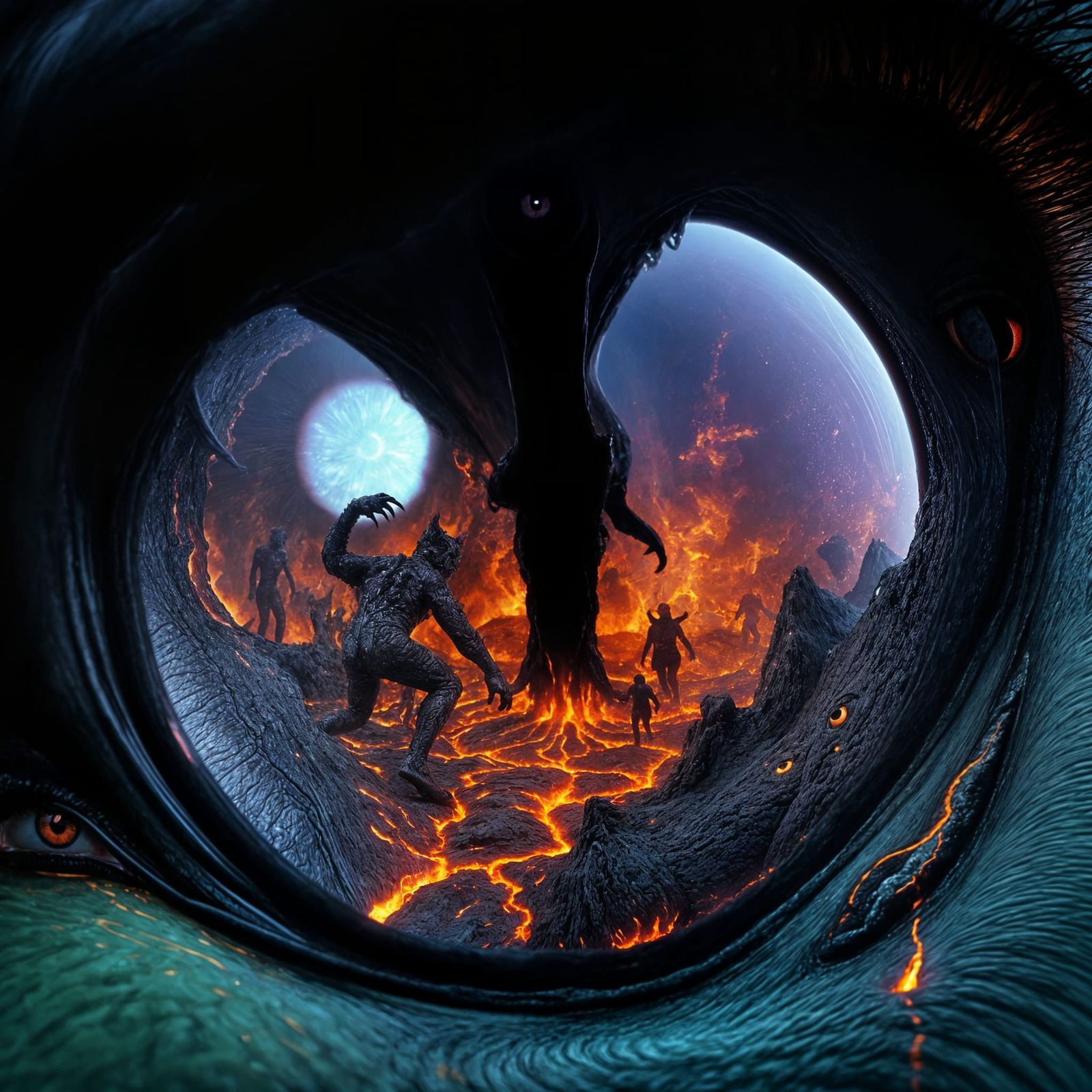 Macro View of a Demon's Eye Reflecting Burning Souls