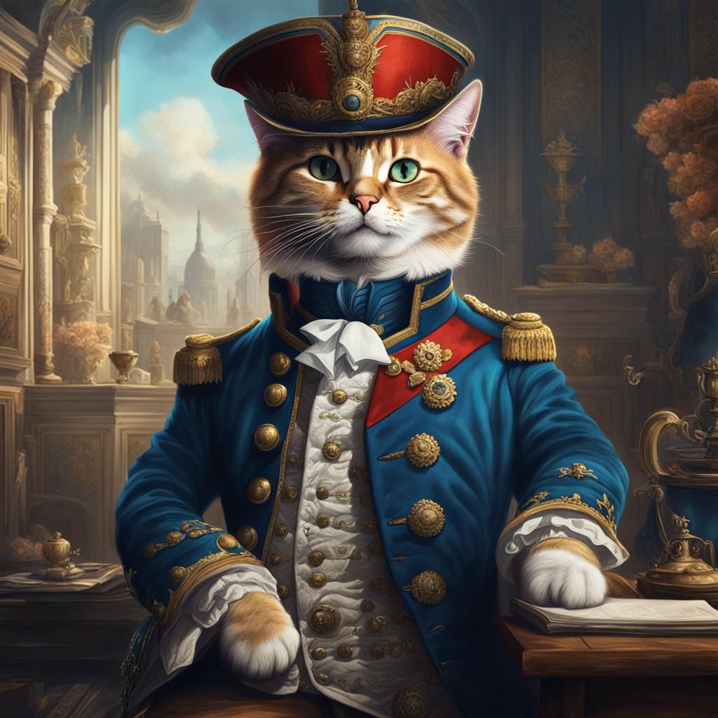 A Cat dressed as Napolean drawing