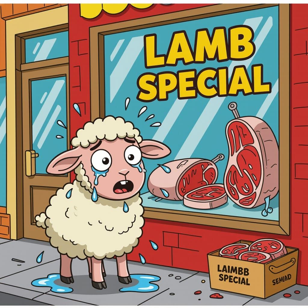 A cartoon lamb sweating nervously outside a butcher shop