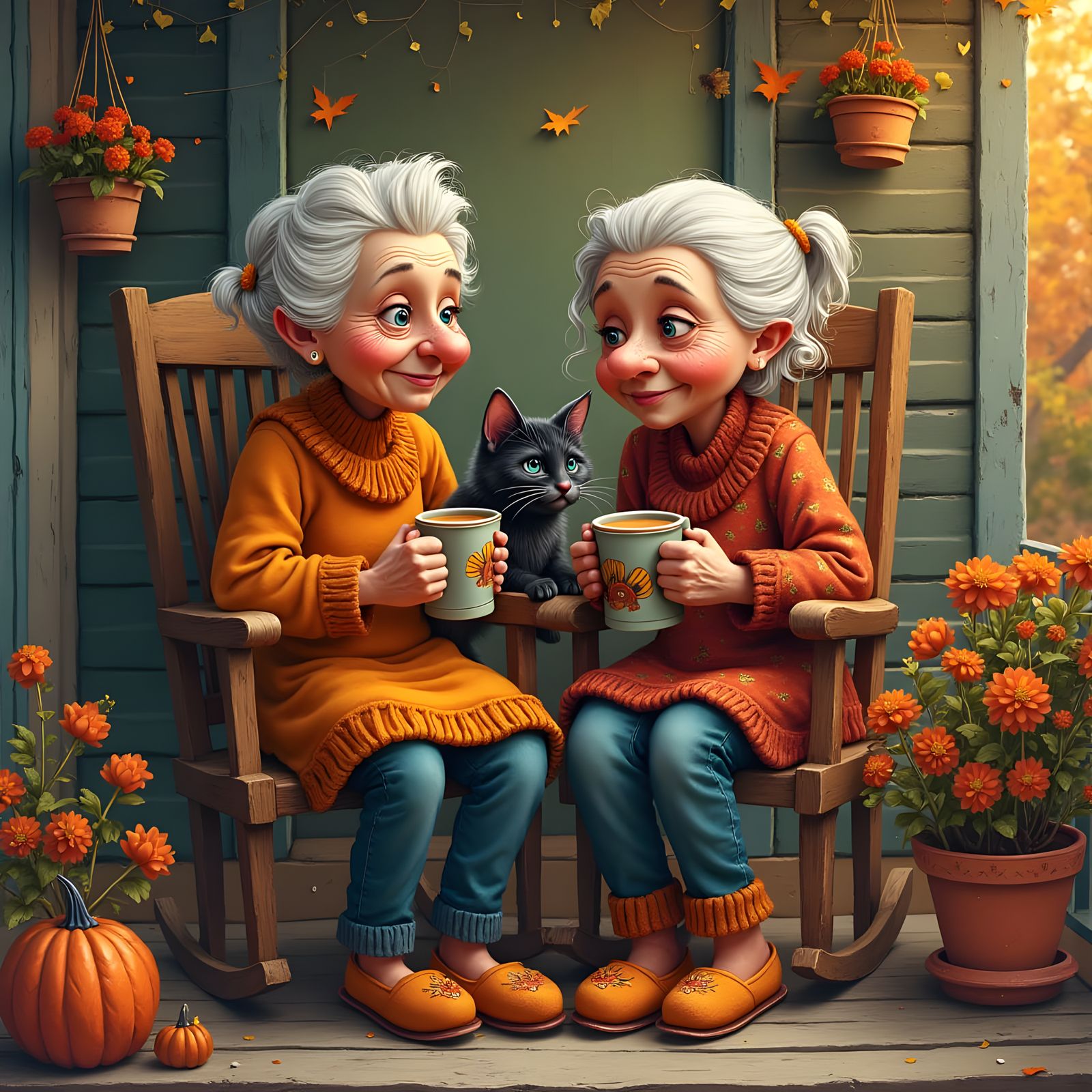 Elderly Women Enjoying Coffee, Impasto Gouache Painting