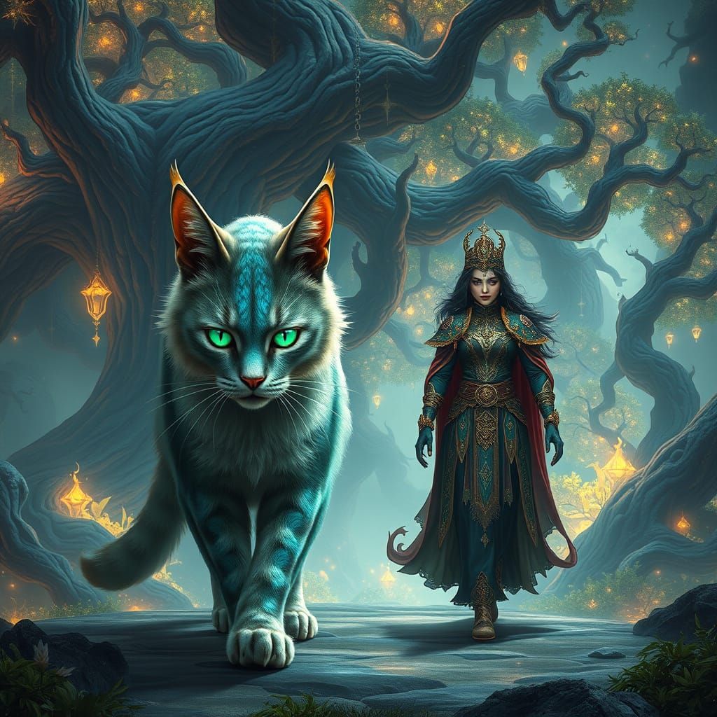 Regal Cat and Companion in Dreamlike Landscape