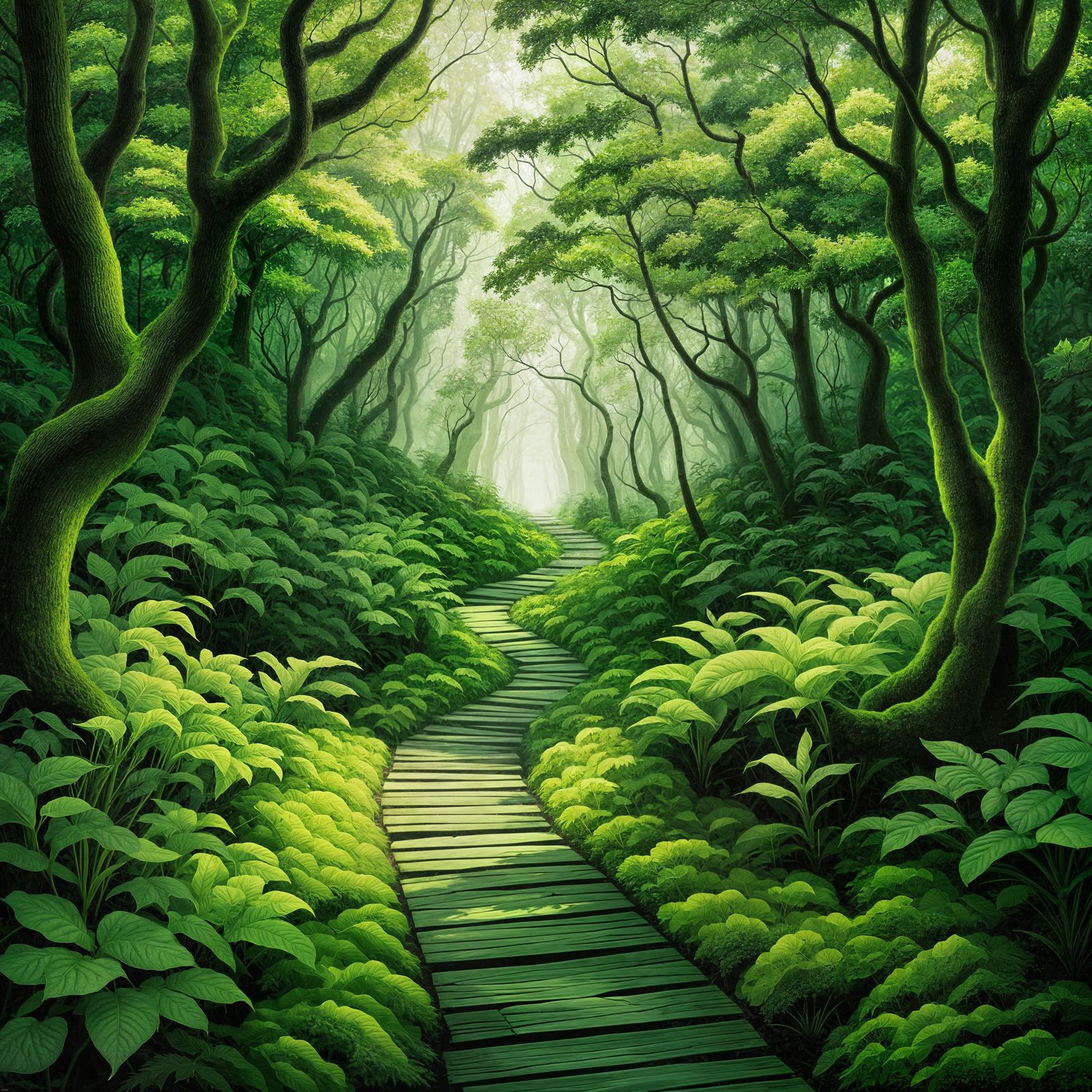 Monochromatic Green Path Through Lush Forest