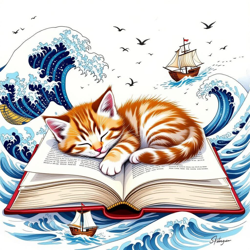 Kitten's Dream: Miniature Ships on Flowing Book Pages