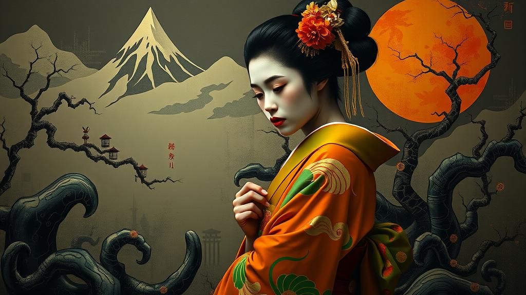 Melancholic Geisha in Surreal Dreamscape