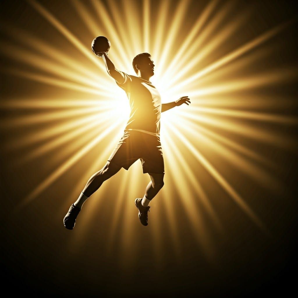 Athletic Handball Player Soars in Golden Light