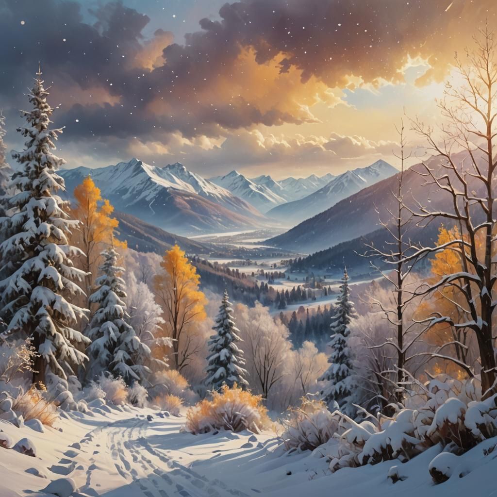 Snowy Landscape in Vivid Oil Painting Style