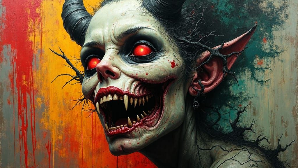 Dark Surreal Demon Portrait in Mixed Media
