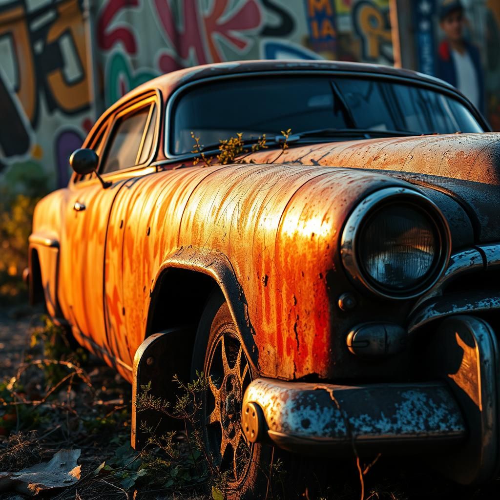 Hyperrealistic Abandoned Car in Urban Decay