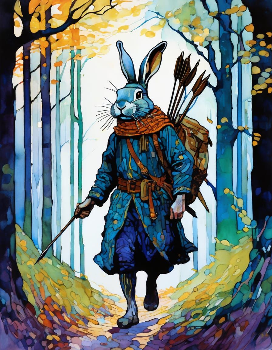 Medieval Rabbit Huntsman in Whimsical Watercolour
