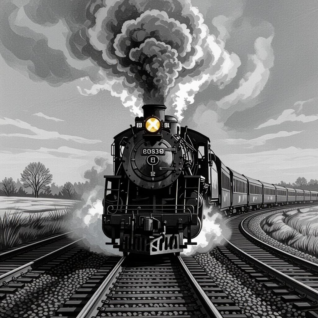Monochrome Steam Train Perspective Drawing