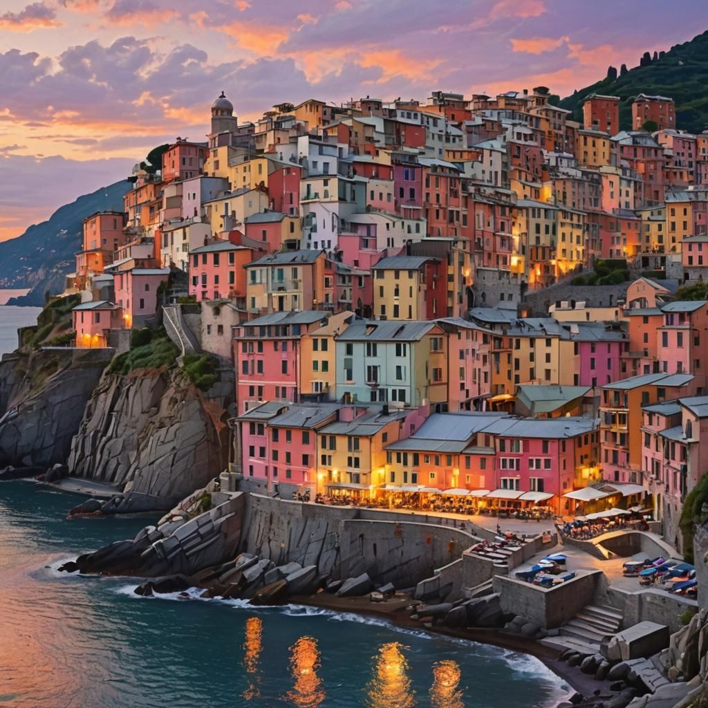 Cinque Terre Sunset: Impressionist Coastal Village View
