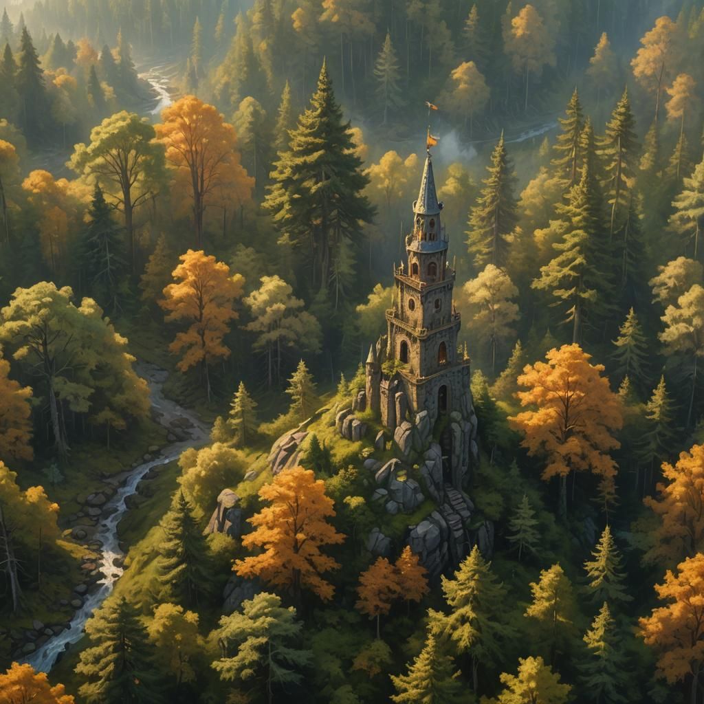 Wizard Tower in Ancient Forest: Landscape Oil Painting