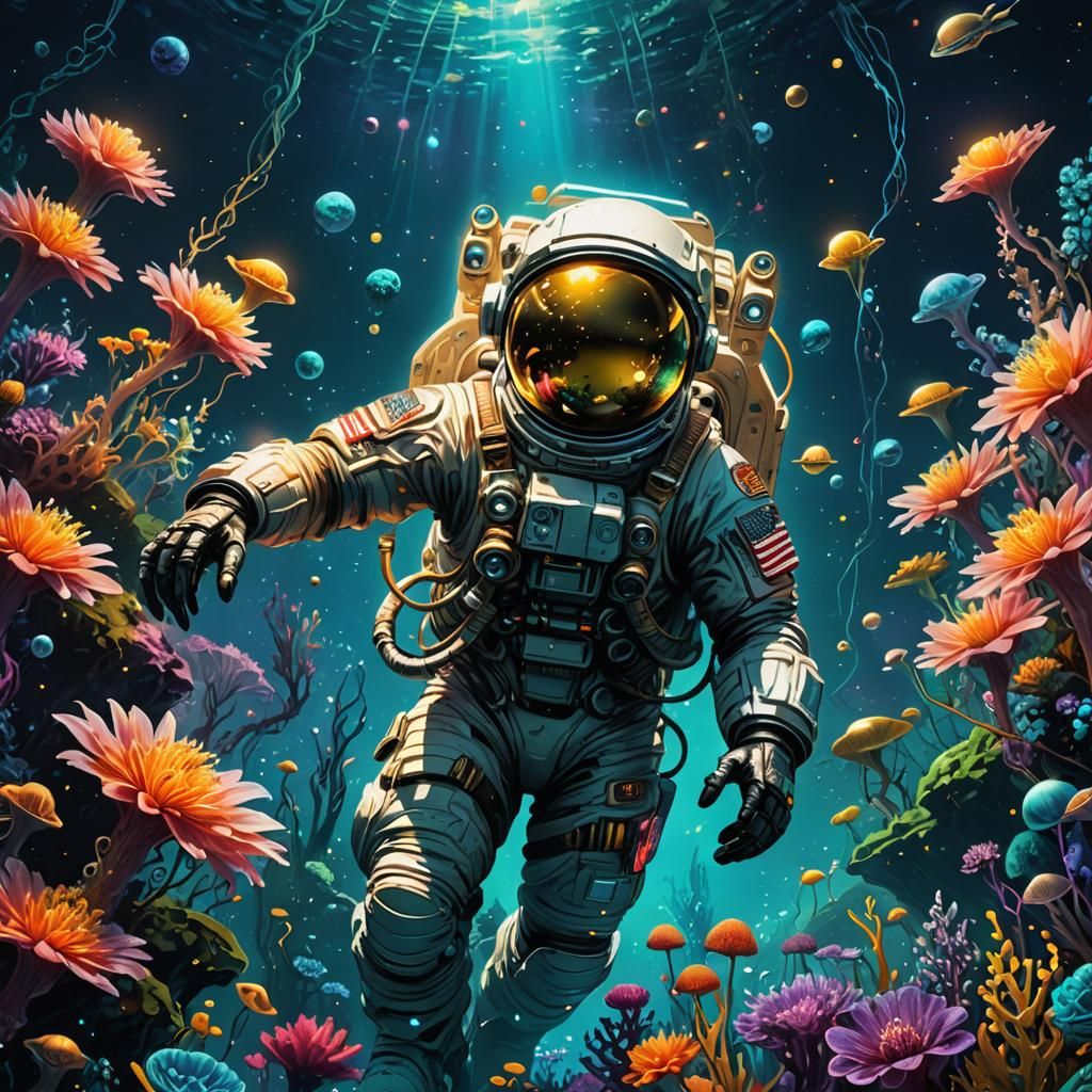 Oceanic Astronaut Explores Alien Flora in Graffiti Style