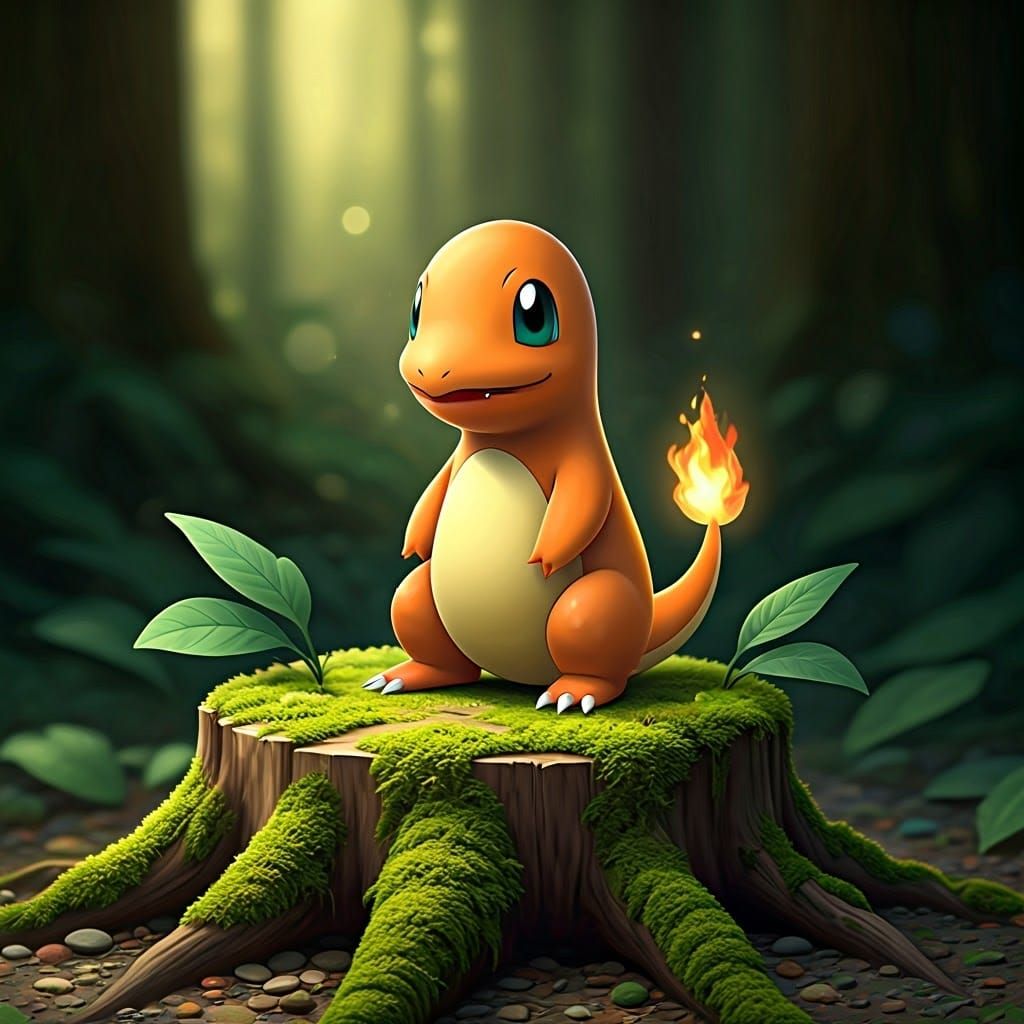 Charmander in Lush Forest, Whimsical Art Style