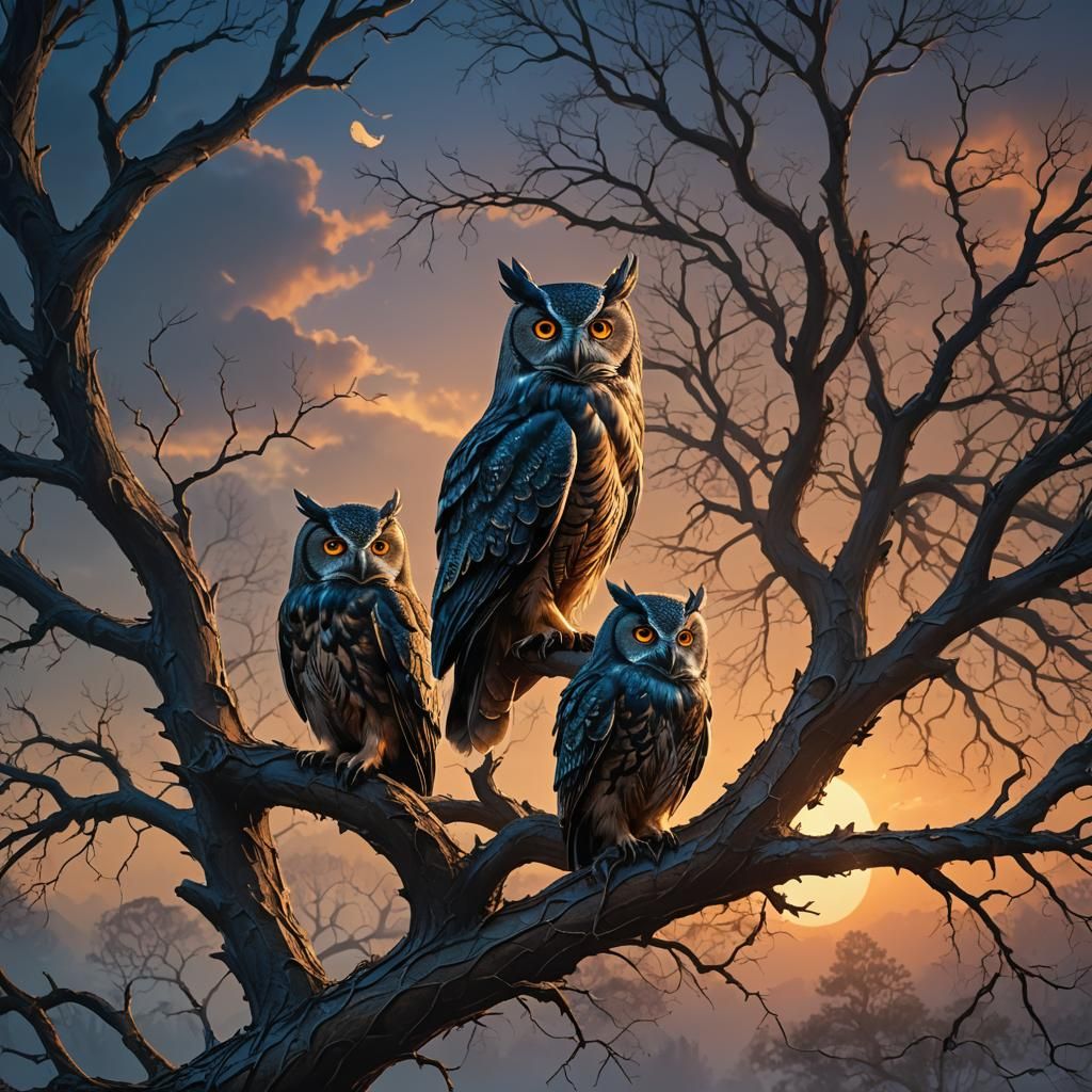 Gothic Owl Couple in Mystical Sunset Scene