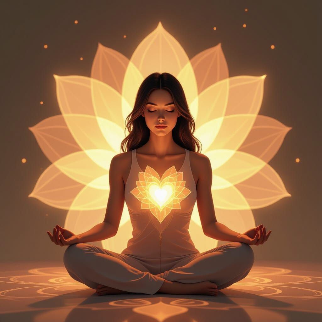 Meditating Figure's Heart Blooms with Cosmic Awareness