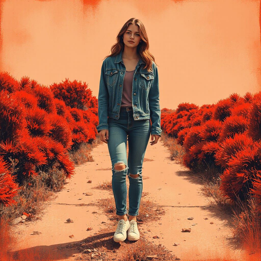 Desolate Walk: Ink Painting of Solitary Woman