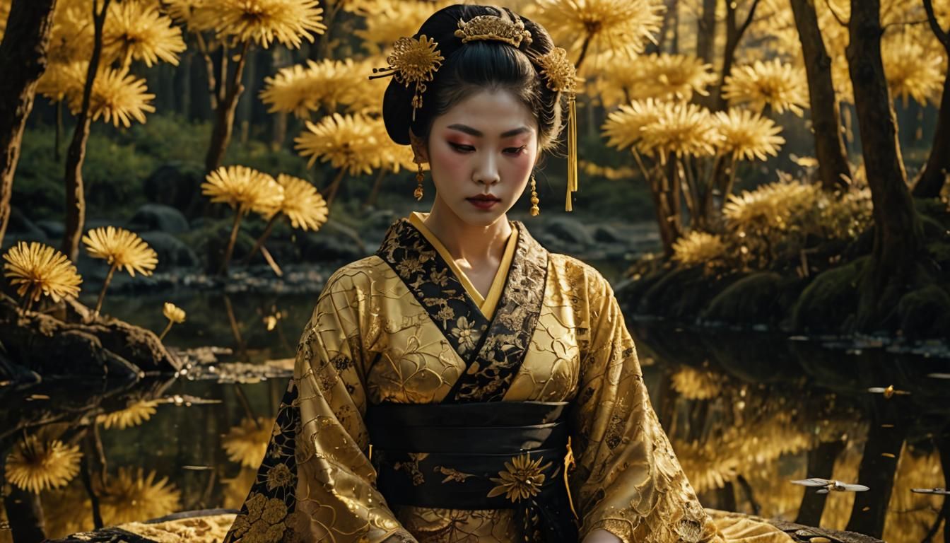 Ornate Geisha in Mirrored Reflection, Dark Fantasy Portrait