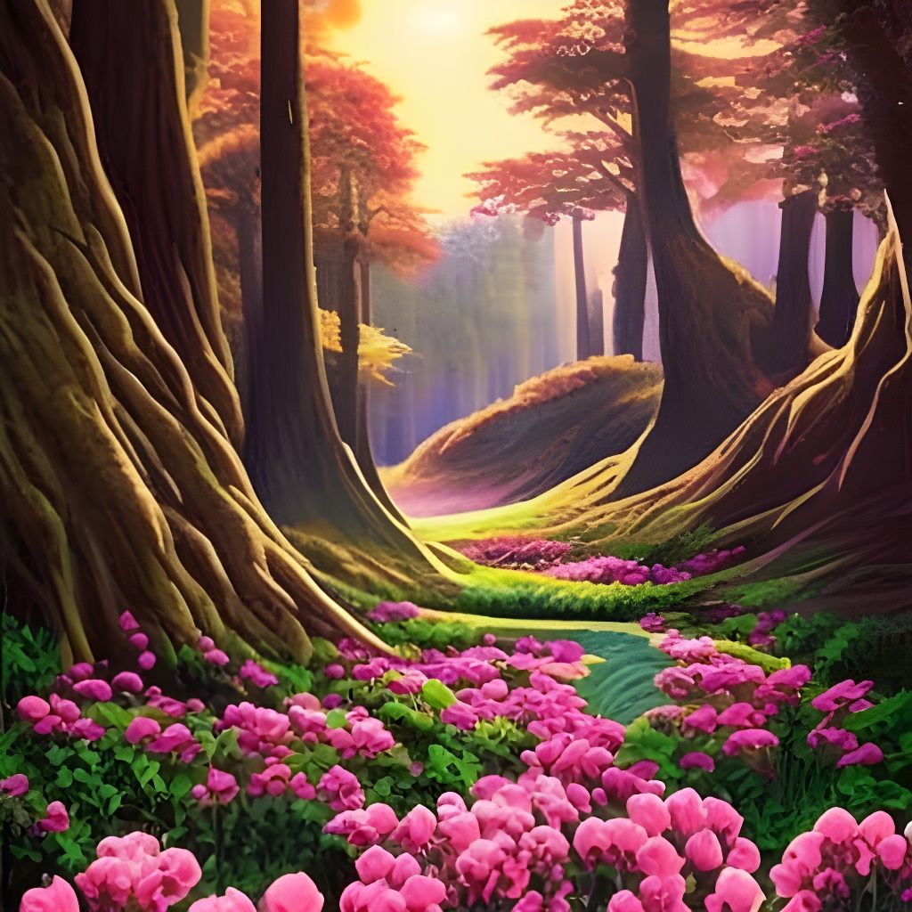 Lush Fantasy Flower Landscape in Watercolor Style