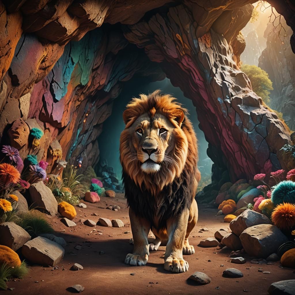 Roaring Lion in Cave: Detailed Matte Painting