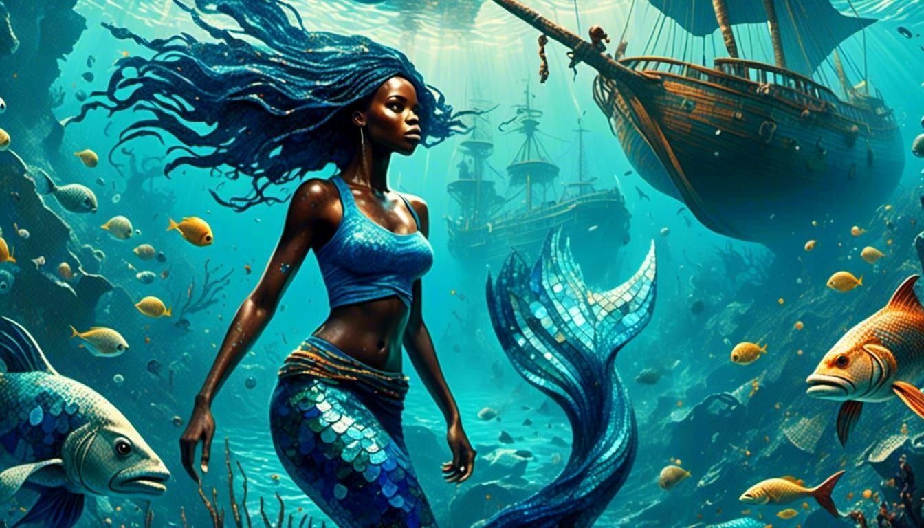 Nigerian Mermaid in Sunken Ship Mosaic Art