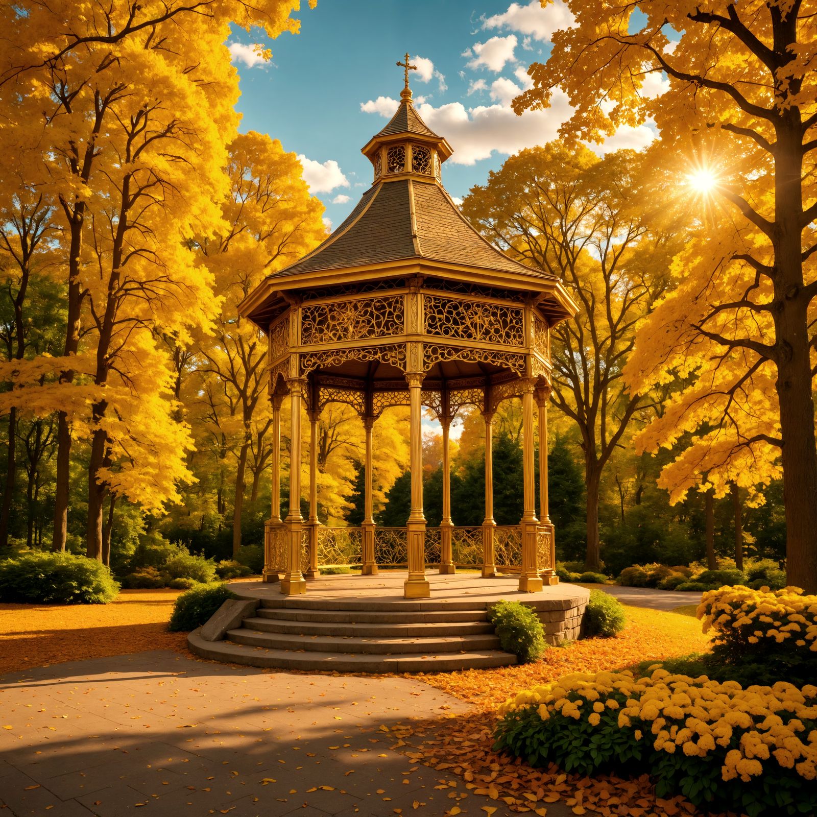 Golden Gazebo in Autumn Forest Park