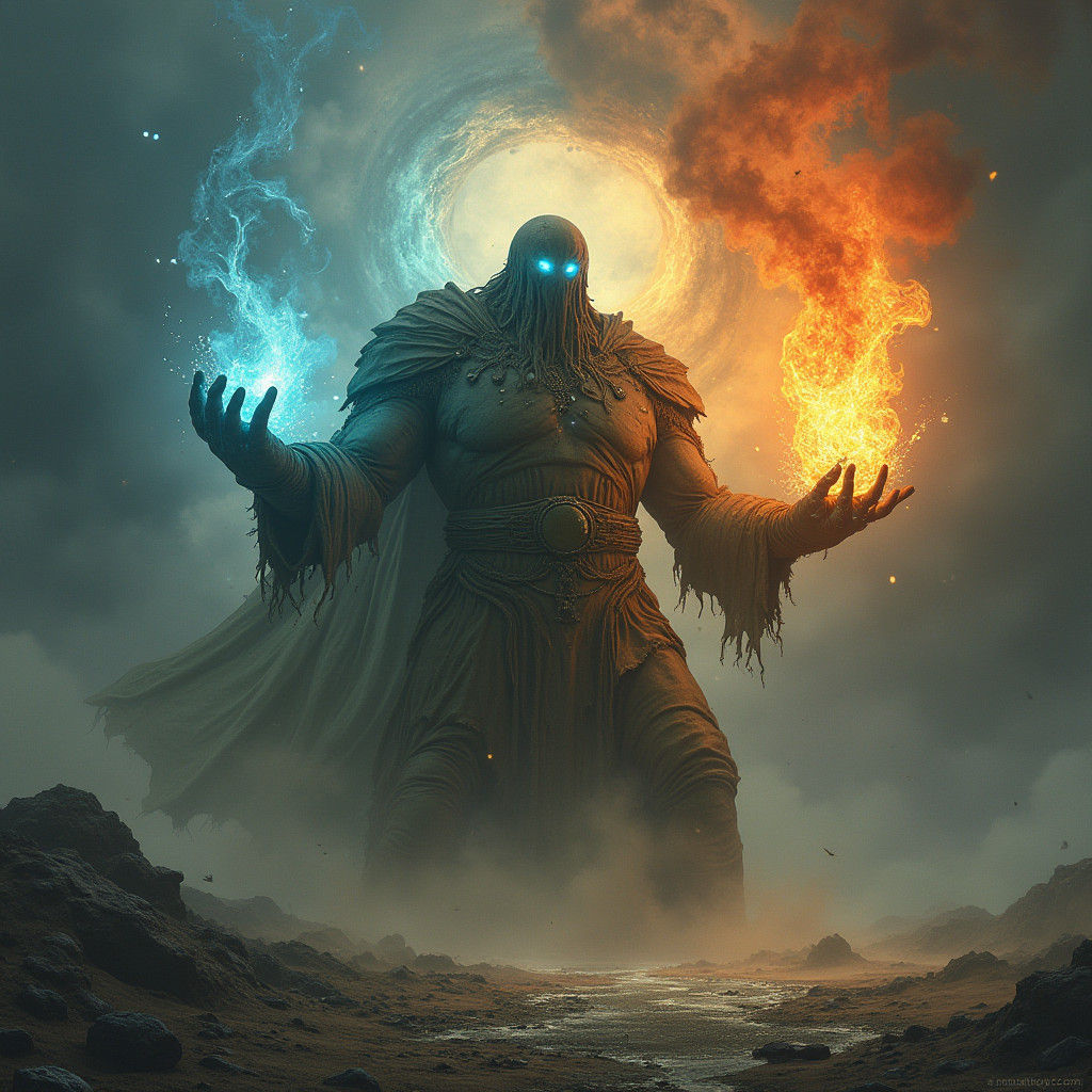 Golem Manipulating Four Elements in Digital Matte Painting