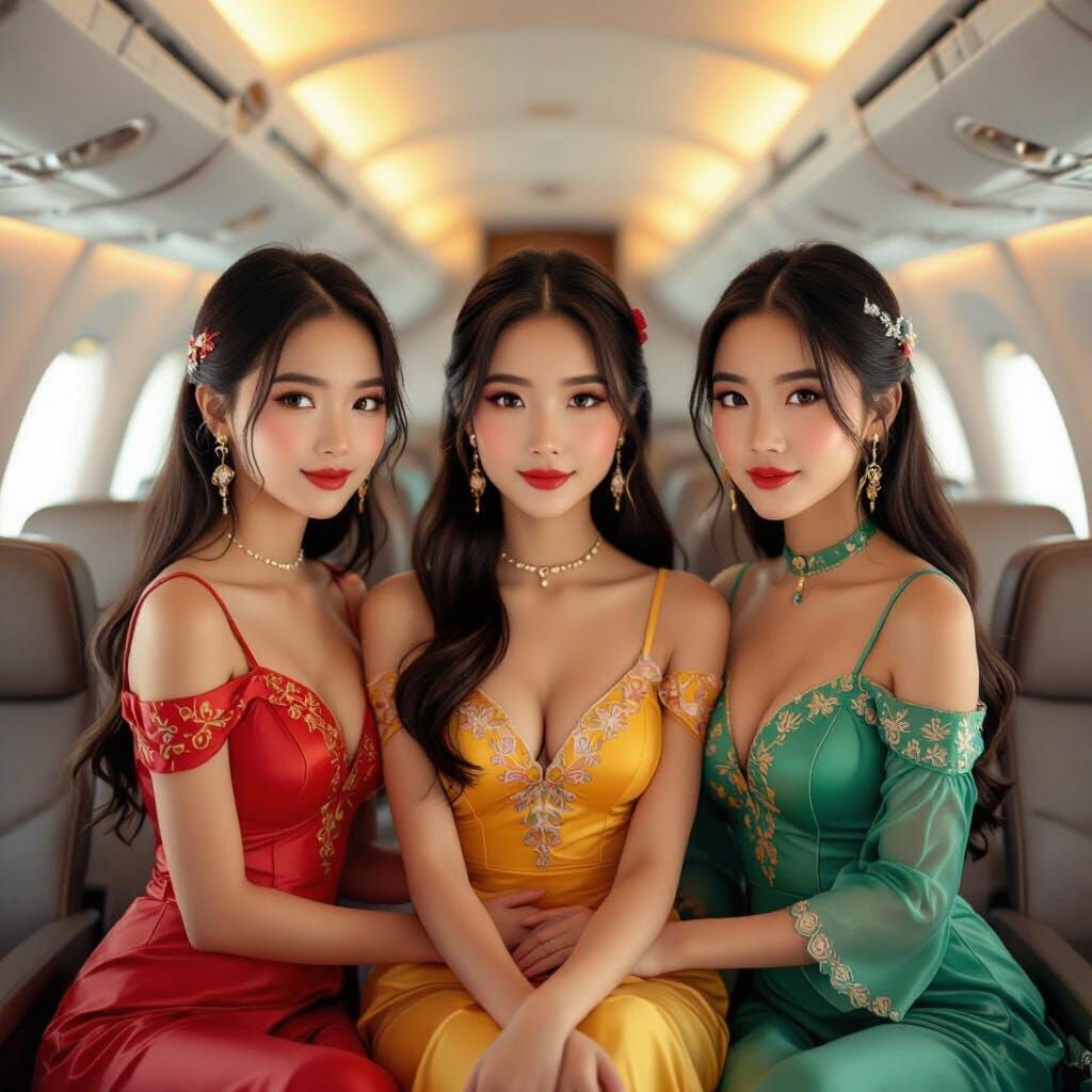 Elegant Vietnamese Girls in Airplane Cabin: Art Nouveau Styl...