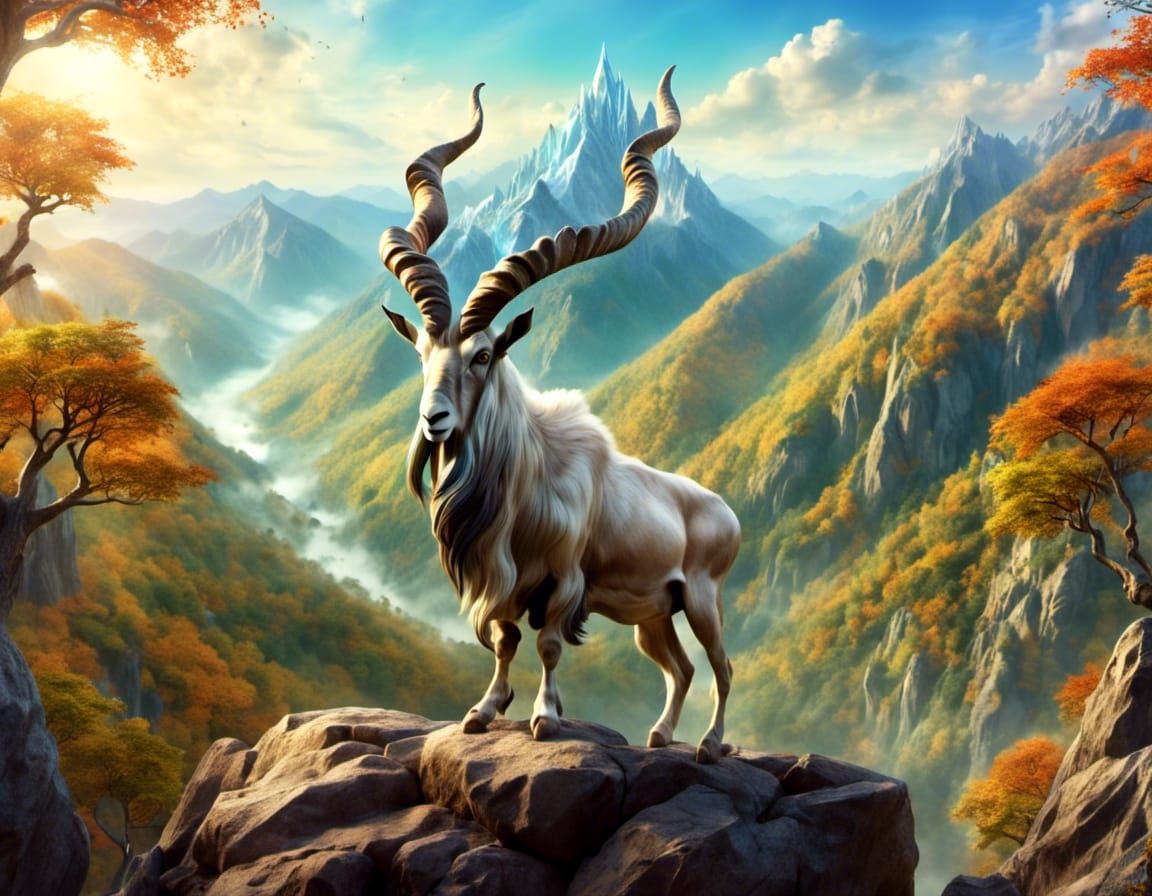 Markhor Goat Overlooking Mountain in Anime Style