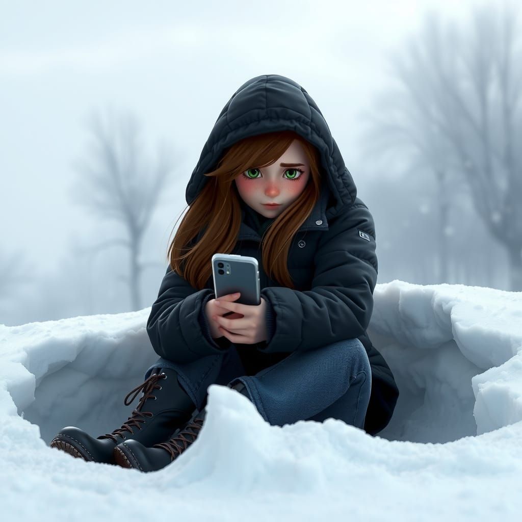 Sorrowful Winter Scene with Girl in Snowdrift